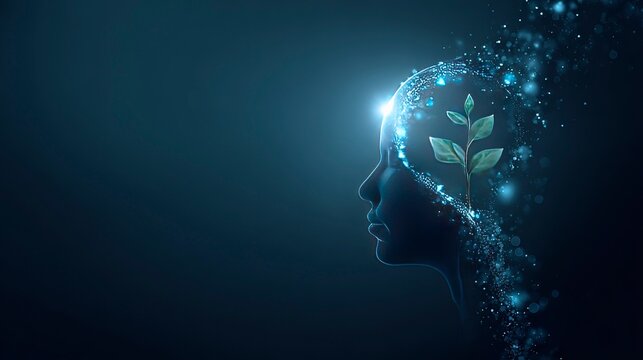 A silhouette of a human head in profile, glowing brain area with a sprouting plant inside symbolizing growth mindset