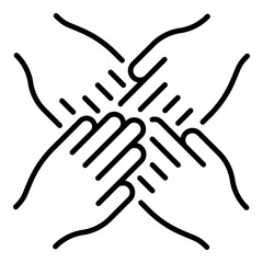 Four hands joined together icon, symbolizing teamwork, unity, collaboration, and motivation.