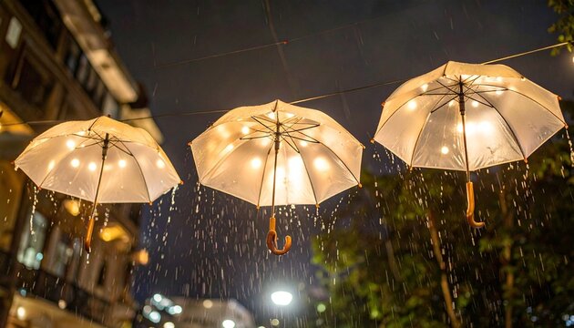 Three glowing umbrella-shaped light fixtures hang in the rain, each with warm bulbs beneath transparent canopies—blending surreal design with poetic ambiance in a dreamy outdoor installation.