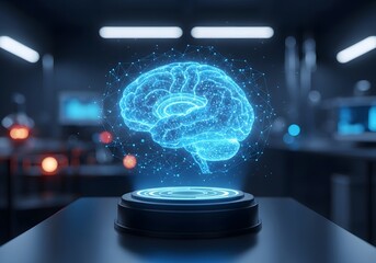 Futuristic holographic brain display in a high tech laboratory setting