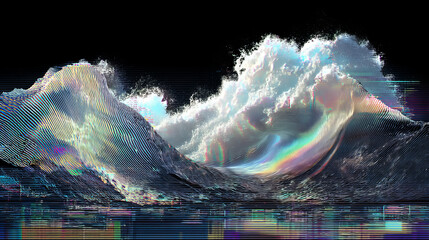 Abstract gradient particle waves seamlessly flowing with soft purple light and bokeh. Orange and blue digital waves. Technology, engineering, science, and artificial intelligence background