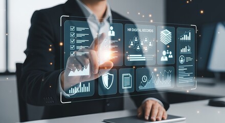 Professional Business Setting Featuring a Person Interacting with Digital Interface Showcasing Data Analysis, Technology, and Future Trends for the Year 2025