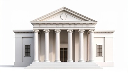 White classical building with Corinthian columns, triangular pediment, and arched central entrance, inspired by ancient Greek and Roman architecture.