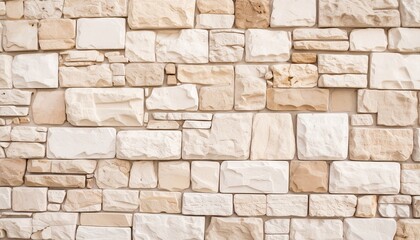 Close-up of a textured stone wall made of staggered rectangular bricks in warm tones—beige, cream, peach, and tan—highlighting natural variation, earthy elegance, and architectural charm.