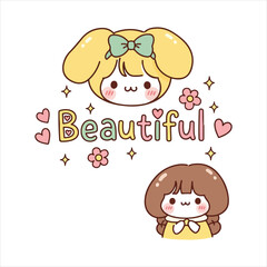 Fototapeta premium Cute cartoon yellow dog character with a bow and a brown haired girl with a yellow dress and bow kawaii