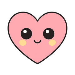 A cute pink cartoon heart with a smiling face, big black eyes, and rosy cheeks, outlined in black, on a white background.