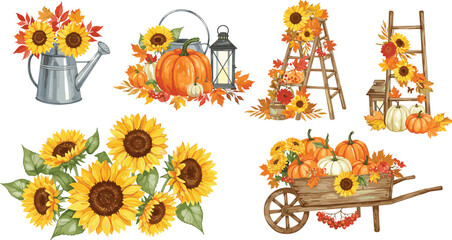 Watercolor fall clipart, pumpkin and sunflower set, autumn harvest decor, seasonal illustration, rustic floral design, cozy Thanksgiving art