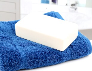 A bar of white soap rests atop a plush, deep blue terrycloth towel in a bathroom setting.