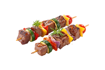 Grilled beef satay served with fresh fruit
