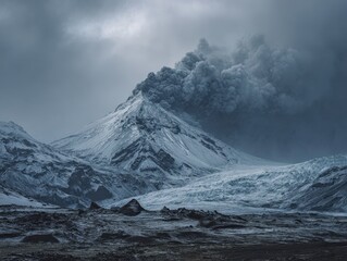 Stark Icelandic Volcano with Swirling Smoke Against Pristine Glacial Ice and Rugged Lava Fields