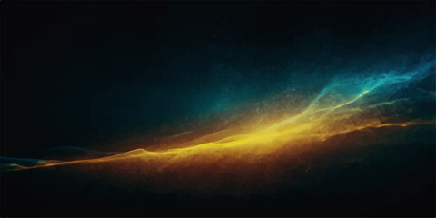 An abstract blue and orange cloudscape with sunlight breaks through the dark sky