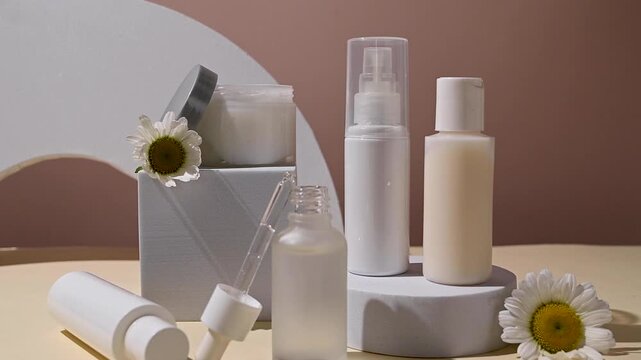 White blank cosmetic bottles with daisy flowers. Natural cosmetics, neutral background, copy space