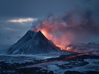 Stark Icelandic Volcano with Swirling Smoke Against Pristine Glacial Ice and Rugged Lava Fields