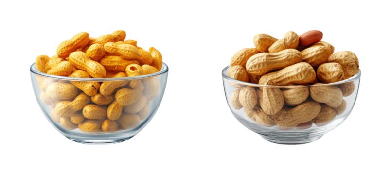Peanut varieties showcased in clear bowls kitchen, isolated on transparent background, png set