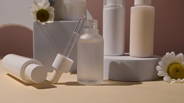 White blank cosmetic bottles with daisy flowers. Natural cosmetics, neutral background, copy space