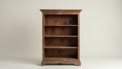A four-tiered wooden bookcase, showcasing rustic charm, sits against a neutral backdrop, emphasizing its aged wooden texture and simple design.