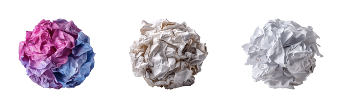 Crumpled paper balls office space bright lighting, isolated on transparent background, png set