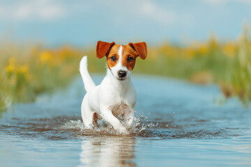 joyful dog leaps over puddle in sunlit park essence of playfulness