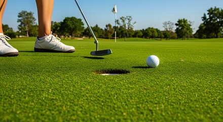 Obraz premium Person Playing Golf on Bright Green Course with White Golf Ball and Hole in Bright Sunlight