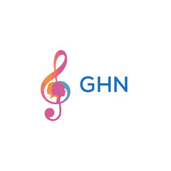 Fototapeta premium GHN “Creative music logo with human silhouettes and treble clef in gradient colors, GHN Later Logo, modern artistic design isolated on white background” 