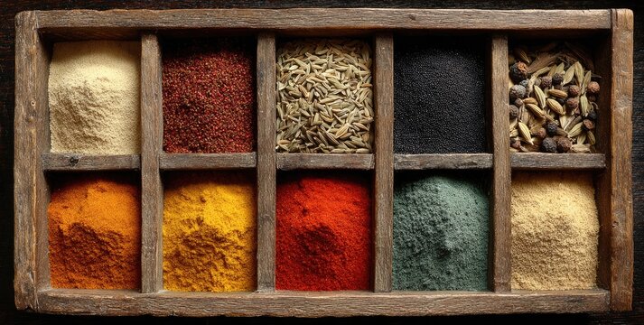 Wooden spice box filled with colorful spices