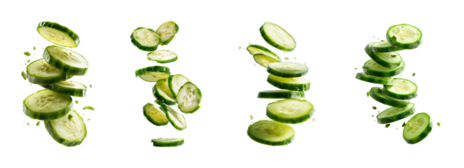 Cucumber slices falling in air kitchen food, isolated on transparent background, png set