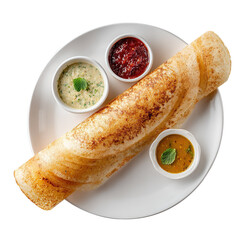 South Indian traditional street food dosa with sambar and coconut chutney, isolated on white background.