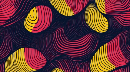 Abstract seamless pattern with red and yellow wavy lines and circles on dark background.