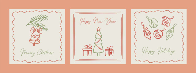 Set of three festive Christmas and New Year greeting cards with doodle decorative elements, winter celebration concept.