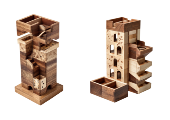 Creative workshop engaging wooden puzzle designs, isolated on transparent background, png set