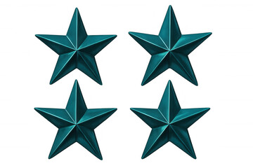 Obraz premium Four teal metallic five-pointed stars arranged on a transparent background, creating a simple yet eye-catching design