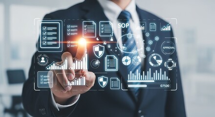 Executive's hand navigating a sophisticated virtual interface for comprehensive business operations, data security, and optimized digital transformation strategies