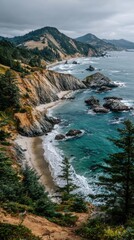 Coastal view, sandy beach, rocky cliffs, turquoise ocean, green vegetation