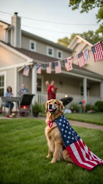 Golden Retriever dog wearing an American flag cape in backyard. Suburban house with people grilling for Independence Day