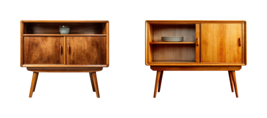 Stylish modern interiors with vintage wood furniture, isolated on transparent background, png set