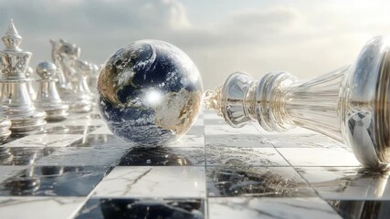 Conceptual video about power and global problems. A king figure on the chessboard, and the Earth takes its place. The theme of leadership and geopolitics. Ideal for projects about politics, ecology.