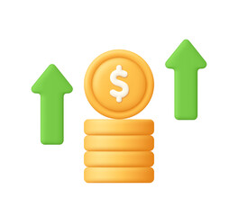 Obraz na płótnie Canvas Stack of golden coins with a dollar symbol and two green upward arrows. Financial growth, income increase, investment returns, profit rise, economics, business. 3d vector icon. Cartoon minimal style.