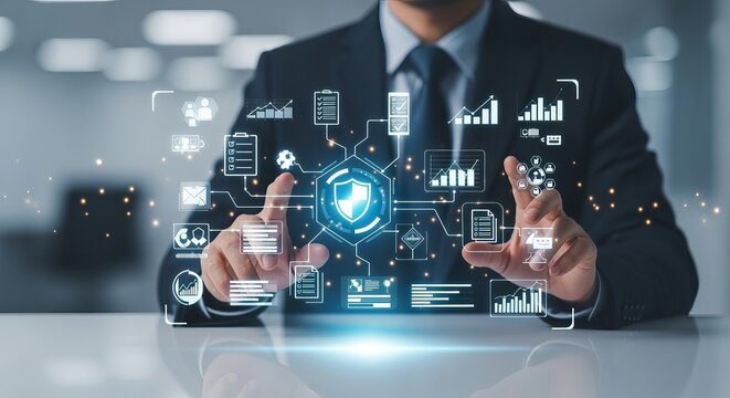 Business professional in a formal setting, interacting with a holographic data interface representing security, data analysis, and technology, symbolizing future advancements