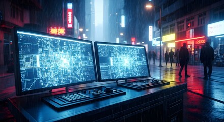 Cinematic Cyberpunk City Control Room: Low Angle Shot of Glowing Monitors Displaying Holographic Grids on Rain-Slicked Street

