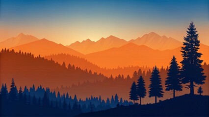Obraz premium Mountain landscape with coniferous forest at sunset. Vector illustration