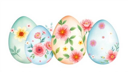 Colorful watercolor Easter eggs decorated with floral patterns, spring holiday design, isolated