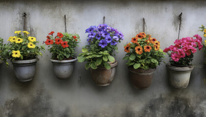 Vibrant flowers in assorted pots hang on a textured wall, showcasing a lively outdoor display in the afternoon sun