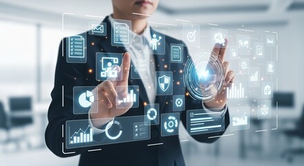 Business professional interacting with futuristic digital interface, data analysis and technology concept, representing modern solutions and innovation