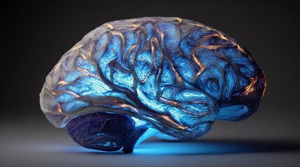 Illuminated brain structure glows in blue and gold on a gradient gray background