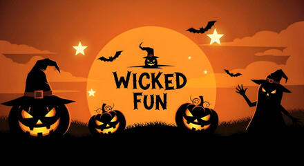 Experience the wicked fun of Halloween night, featuring illuminated jack-o'-lanterns, shadowy figures, and nocturnal creatures against a vibrant orange sky