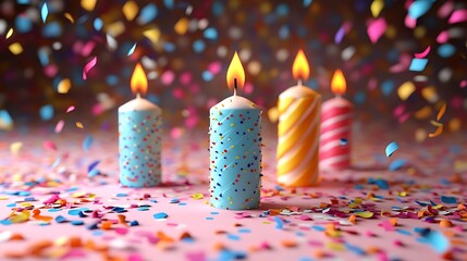 Four lit birthday candles on pink surface with colorful confetti celebration fire