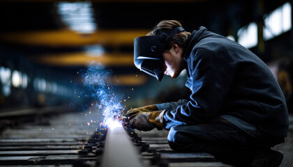 A welder focuses on joining metal sections of railway tracks while sparks fly in a well-lit industrial facility during the day