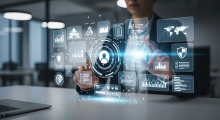 Business professional in a modern setting managing customer data and analytics on a futuristic holographic user interface dashboard