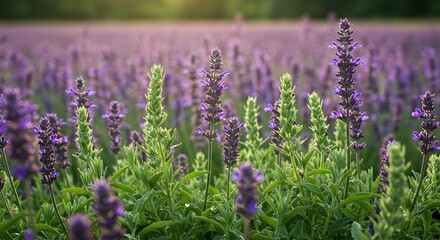 Fototapeta premium Lavender Field Blooming in Sunny Countryside with Vibrant Purple Flowers and Green Foliage