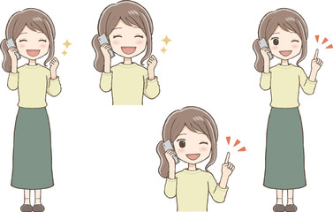 Woman in a long skirt happily talking on a mobile phone (fist pump and pointing gesture)